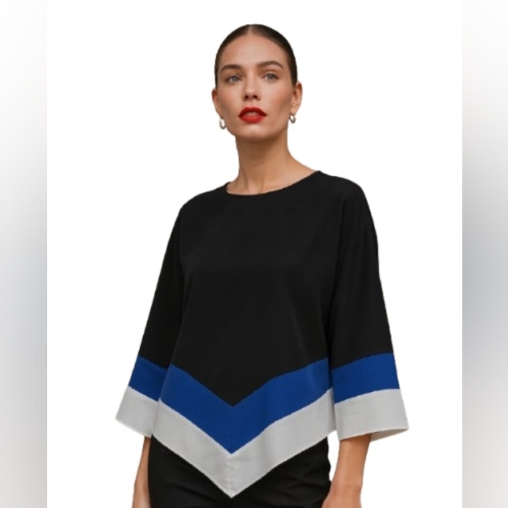 Alfani Chevron Asymmetric Blouse Top Black Blue White PL